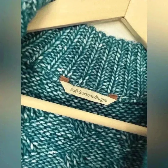 Soft Surroundings Women's Teal 1/4 Zip Aran Cable Knit Sweater Size M Wool Blend - Picture 7 of 10